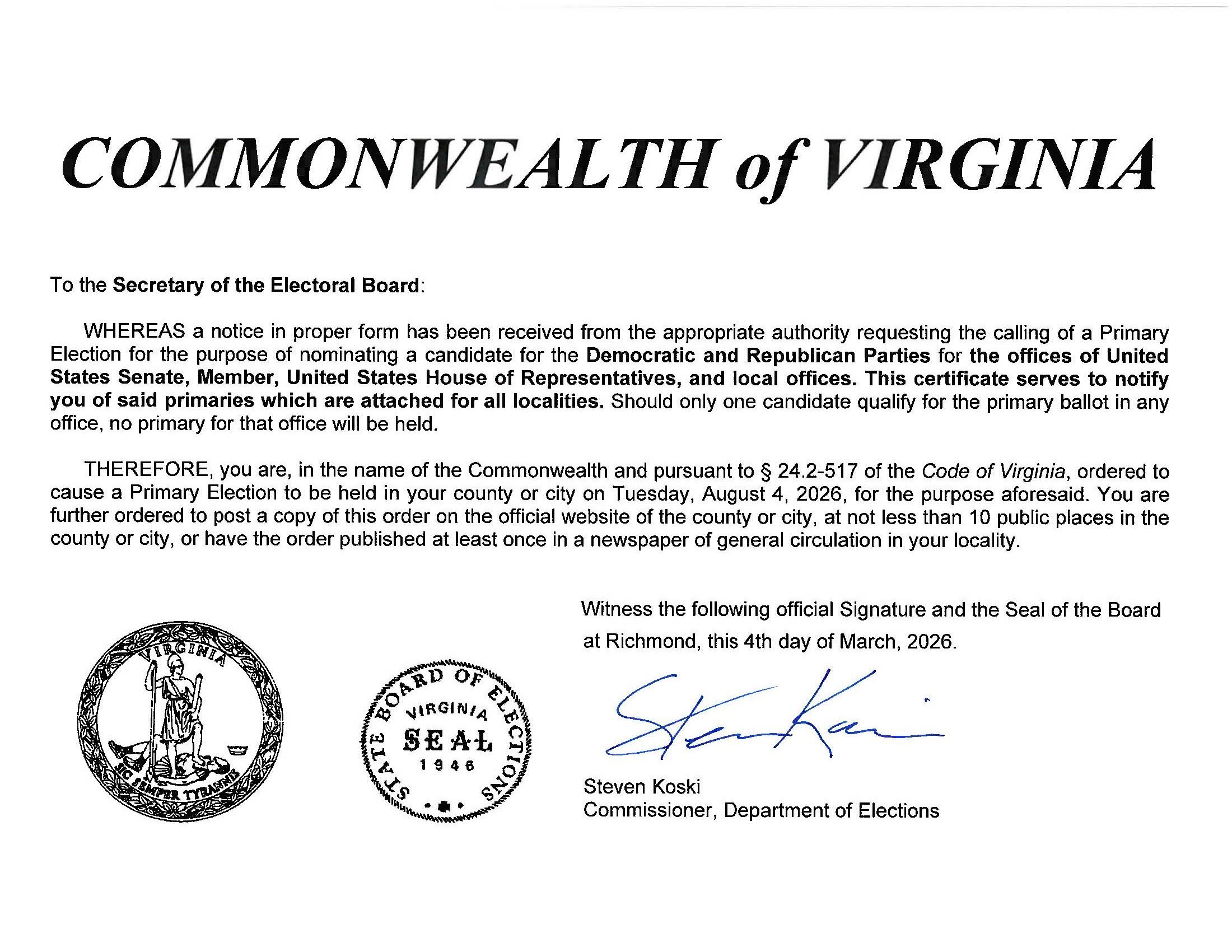 2026 August Primary Order