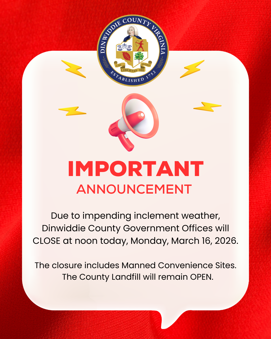County office to CLOSE at noon. 