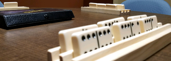 Up close image of dominoes on a table